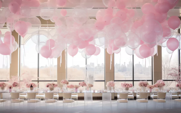 A elegantly decorated bridal shower setting featuring pink balloons and floral centerpieces, with large windows providing a scenic view. This image serves as a beautiful HD wallpaper and background.