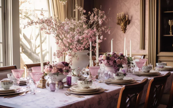 A beautifully arranged bridal shower table, adorned with soft pink flowers, elegant tableware, and candles, framed by a warm, inviting atmosphere in an elegant setting.