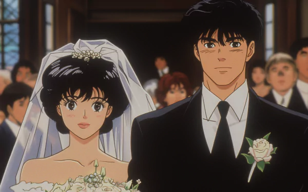 Anime wedding scene with bride and groom in HD desktop wallpaper and background.