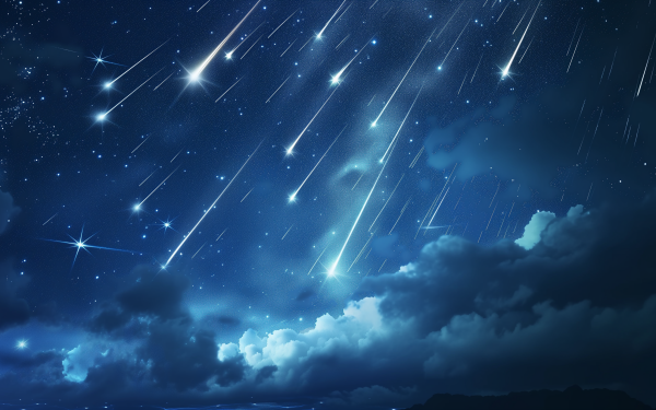 Stunning HD wallpaper of a meteor shower lighting up the night sky with twinkling stars and soft clouds, perfect for a desktop background.