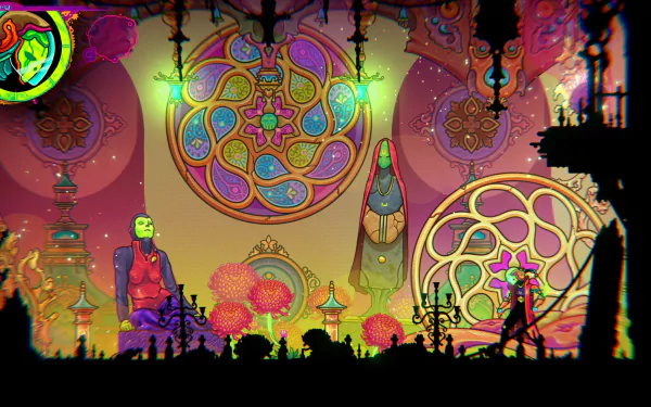 Alt Text: HD desktop wallpaper featuring a vibrant and colorful video game scene with intricate patterns and whimsical designs reminiscent of the character Ultros.
