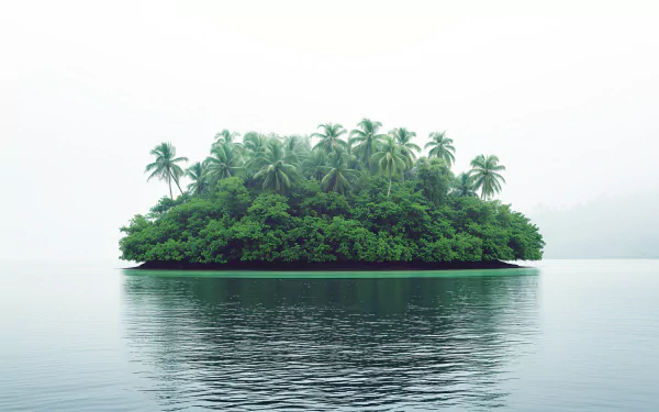 HD wallpaper of a serene tropical island with lush greenery surrounded by calm water, encapsulating the essence of nature.