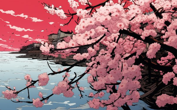 HD desktop wallpaper featuring vibrant cherry blossoms with scenic river and traditional architecture in the background.