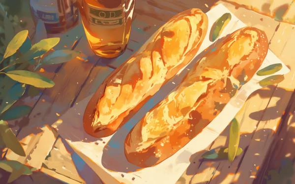 A vibrant HD desktop wallpaper featuring two golden baguettes on a rustic table, accompanied by a bottle of beer and lush greenery, creating a warm, inviting atmosphere.