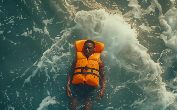 A person wearing an orange life jacket floating calmly in blue water, suitable as an HD desktop wallpaper with a safety theme.