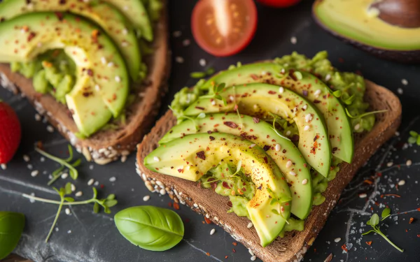 A vibrant HD desktop wallpaper featuring delicious avocado toast topped with fresh slices of avocado, herbs, and a sprinkle of seasoning, accompanied by cherry tomatoes.