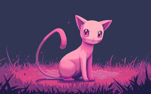 HD pixel art wallpaper featuring the Pokémon Mew sitting in a mystical purple setting.