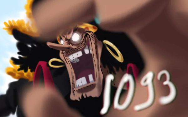 HD PC desktop wallpaper: One Piece's Marshall D. Teach (Blackbeard) grinning wildly, reaching forward in dramatic foreshortening, wearing a dark coat and gold hoop earrings.