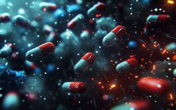 HD desktop wallpaper featuring an array of floating red and white pills with a dynamic, bokeh light effect background.