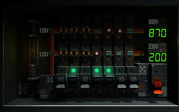 HD desktop wallpaper featuring a detailed control panel from the video game SIGNALIS with illuminated indicators and dials.