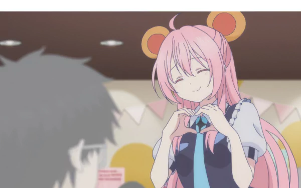HD wallpaper of Satō Matsuzaka from Happy Sugar Life anime, smiling with a gentle expression, forming a heart with her fingers.