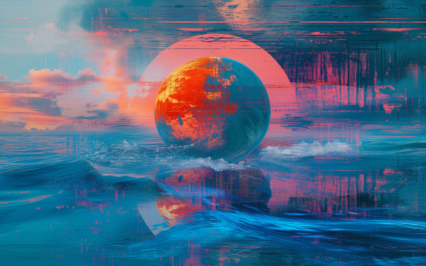 HD wallpaper featuring an artistic depiction of a large red planet rising over a tranquil sea with a vibrant, abstract background in shades of blue and orange.