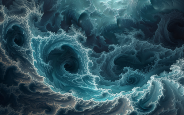 HD wallpaper of abstract fractal art depicting swirling water waves in shades of blue and gray.