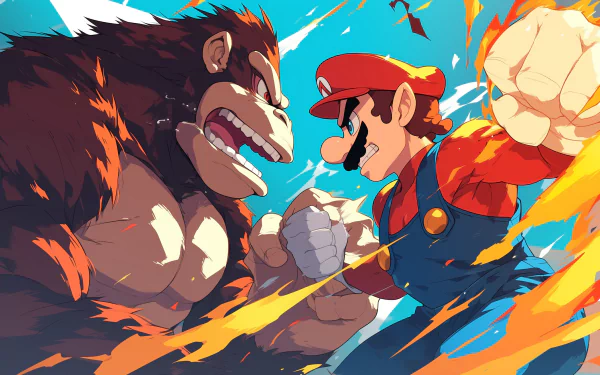 HD wallpaper of Donkey Kong and Mario from Super Smash Bros. engaging in an intense battle with dynamic poses and vibrant colors.
