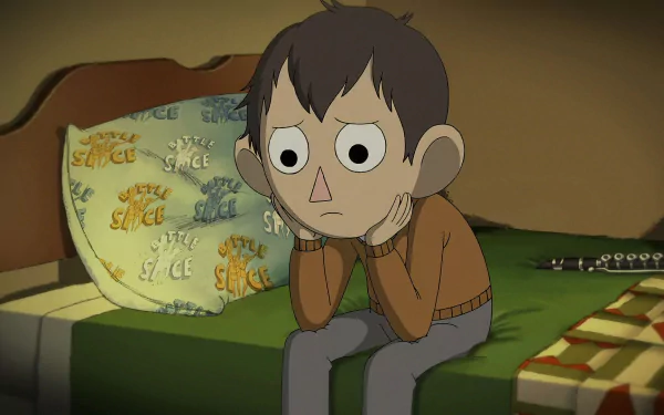 HD desktop wallpaper featuring a contemplative character from the animated TV show Over the Garden Wall, with a map in the background.