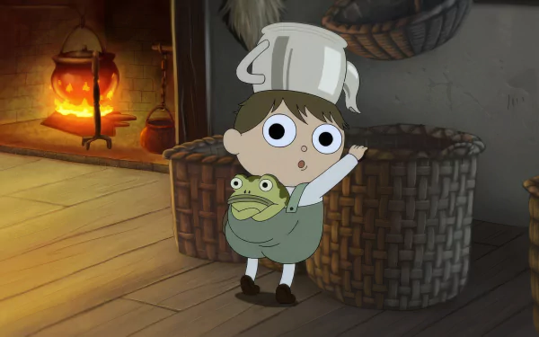 HD desktop wallpaper featuring characters from Over the Garden Wall, with a young boy in a chef's hat standing beside a frog in a cozy room with a fireplace.
