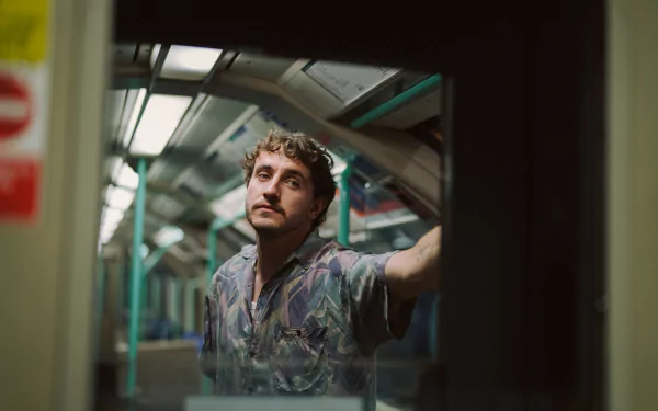 Man gazing through a train window in a still shot from 'All of Us Are Strangers' movie, available as an HD desktop wallpaper and background.