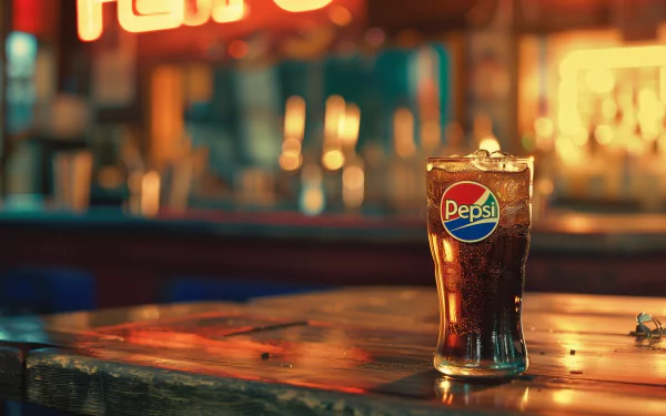 HD desktop wallpaper featuring a refreshing glass of Pepsi on a wooden bar surface with a warm, bokeh background.