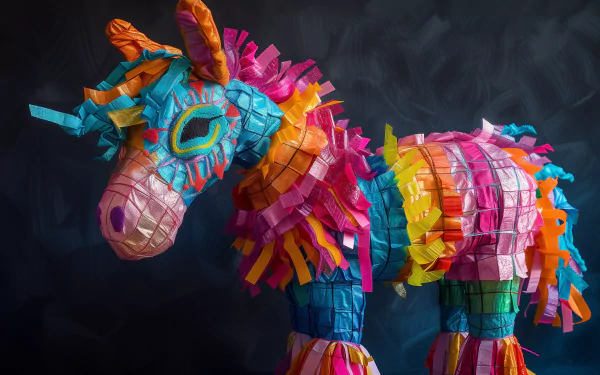 A vibrant piñata in the shape of a unicorn, adorned with colorful paper fringes, set against a dark background. This HD image serves as an eye-catching desktop wallpaper.