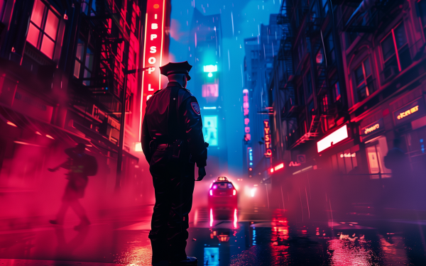 HD desktop wallpaper featuring a police officer silhouetted against a vibrant, neon-lit city street scene at night, reflecting a cinematic ambiance.