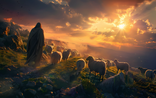 HD wallpaper of a serene sunset scene with a shepherd and flock of sheep on a hillside, symbolizing Jesus, suitable for desktop background.