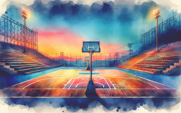 HD desktop wallpaper of an artistic basketball court background with vibrant sunset colors and stadium lights.