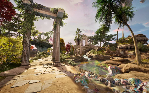 HD desktop wallpaper featuring the scenic landscape of Islands of Insight video game with ancient ruins and lush greenery.
