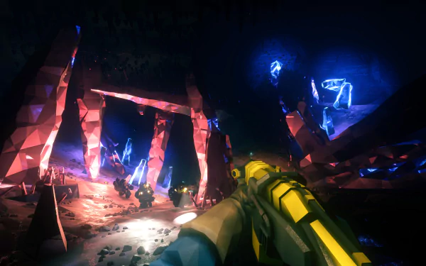 HD wallpaper of Deep Rock Galactic: Survivor gameplay featuring a first-person view holding a gun in a luminous crystal cavern.