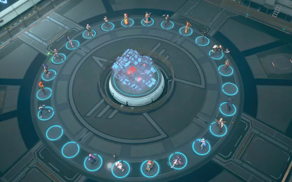 Eternal Return game HD wallpaper featuring a futuristic command center with characters strategizing around a holographic table.