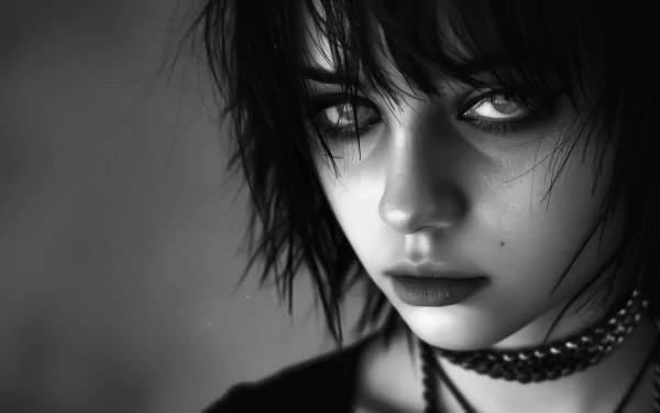 A close-up of a dark, emo girl with striking features and intense eyes, captured in high definition. This image serves as a bold desktop wallpaper and background.