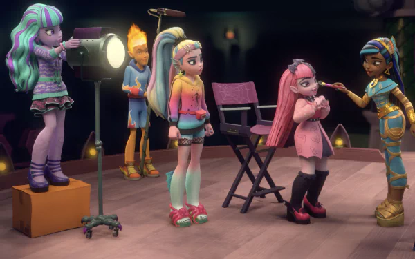 HD desktop wallpaper of Monster High characters on set, with colorful lighting and detailed animation.