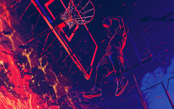 High-definition desktop wallpaper featuring an artistic rendition of a basketball player performing a slam dunk with neon outlines and a dynamic, abstract background.