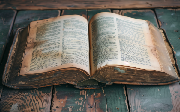 Open Bible book on a rustic wooden table, suitable for HD desktop wallpaper and background.