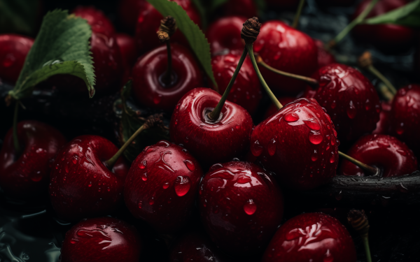HD wallpaper of fresh wet cherries with water droplets, perfect for desktop background.