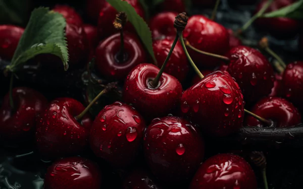A close-up of vibrant, fresh cherries with droplets of water, set against a dark background, creating a rich and appealing HD desktop wallpaper.