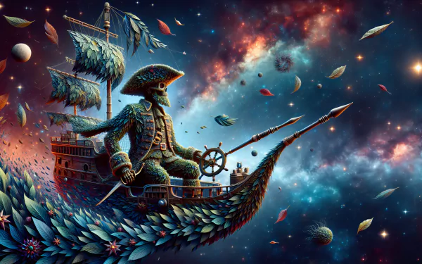 A vibrant HD wallpaper featuring a space pirate at the helm of a ship crafted from leaves, navigating through a colorful galaxy filled with stars and floating debris.