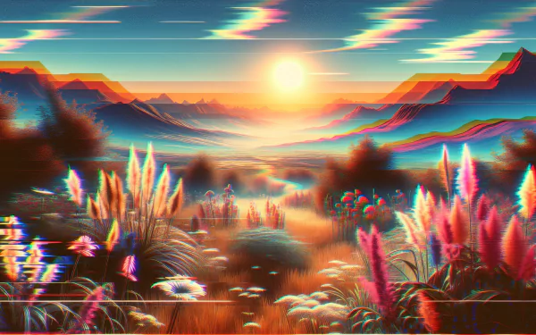 HD desktop wallpaper featuring a vibrant, stylized landscape with mountains, sun, and colorful flora.