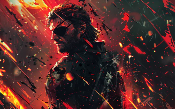 HD desktop wallpaper featuring dynamic Metal Gear fan art with an intense character portrait set against a vivid red explosive background.