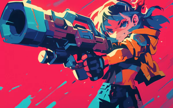 HD desktop wallpaper featuring an animated space pirate character holding a large futuristic blaster with a vibrant red and blue background.