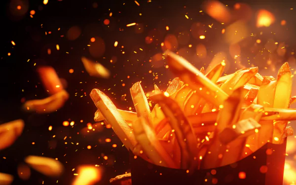 HD desktop wallpaper featuring a glowing container of french fries with a fiery, spark-filled background.