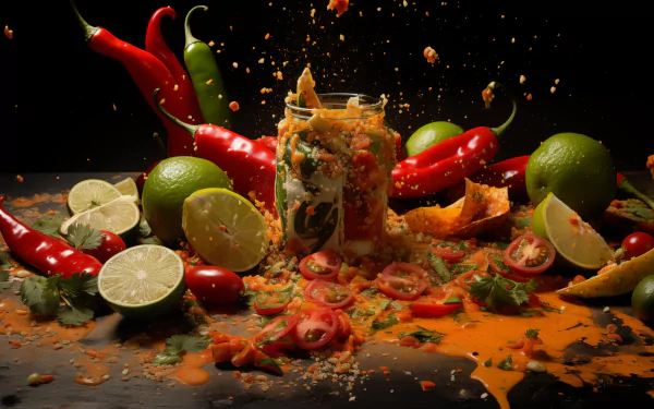 A vibrant HD wallpaper featuring an explosion of salsa surrounded by fresh ingredients like limes, tomatoes, and assorted peppers, creating a dynamic food scene.