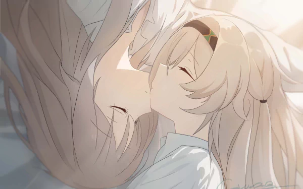 4K Ultra HD wallpaper featuring Firefly and Stelle from Honkai: Star Rail in a tender, close moment, highlighting soft lighting and detailed character art.