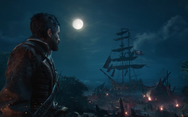 HD wallpaper featuring a scene from the video game Skull and Bones with a character overlooking a moonlit pirate ship and fiery village.
