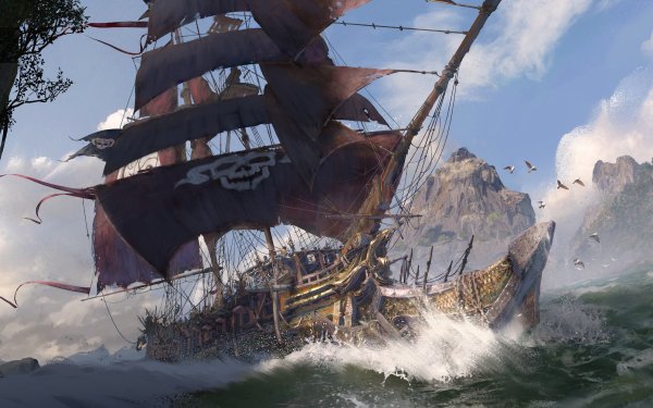 HD wallpaper featuring a pirate ship with a Skull and Bones flag, navigating stormy seas, from the video game Skull and Bones.