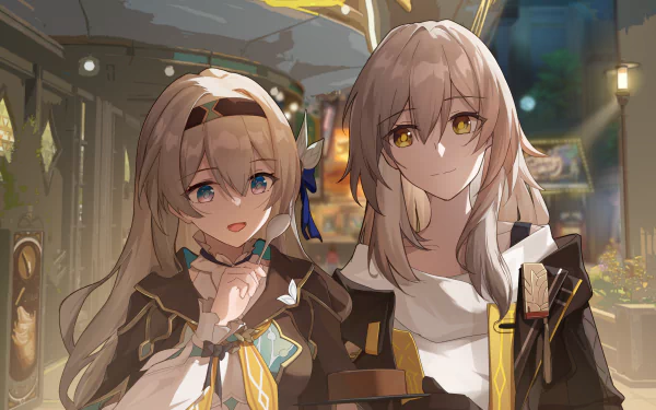 HD PC wallpaper featuring Firefly and Stelle from Honkai: Star Rail, showcasing the characters in a warm, softly lit urban setting.