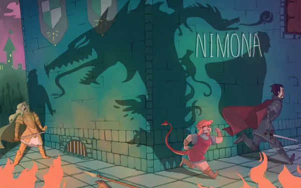 HD wallpaper featuring characters from the movie Nimona walking along a street with shadowy dragon murals and the title 'Nimona' on the wall.