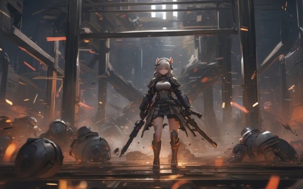 HD wallpaper featuring a female character from Arknights standing confidently amidst a chaotic battlefield setting, perfect for desktop background.