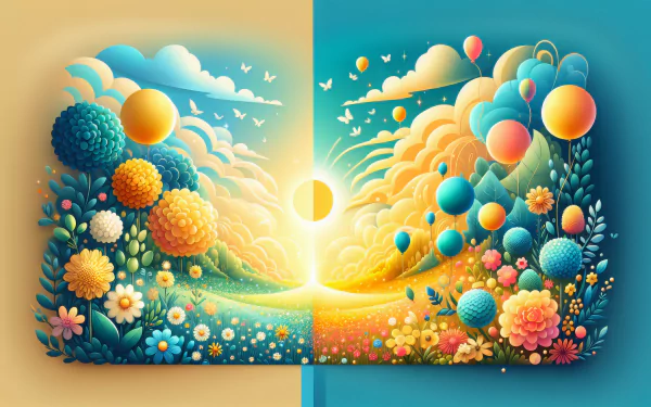 A vibrant HD desktop wallpaper featuring a colorful landscape with blooming flowers, cheerful balloons, and a radiant sun, evoking a sense of happiness and optimism.