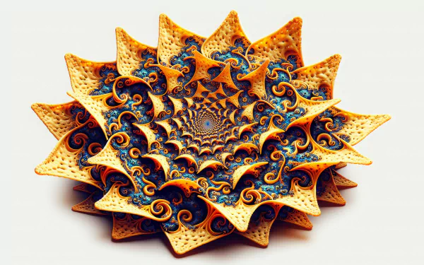 HD desktop wallpaper featuring an intricate, fractal art piece resembling nachos with a mesmerizing mandala design on a white background.