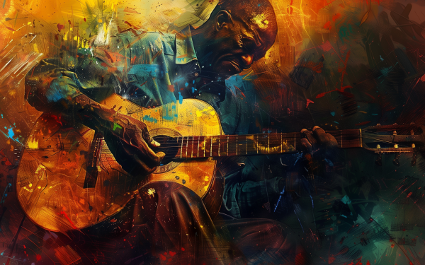 Abstract art of a musician playing blues guitar in vibrant colors, perfect for HD desktop wallpaper and background.